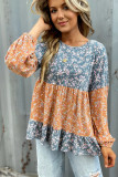 Orange Floral Color Block Ruffled Hem Round Neck Blouse