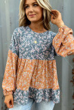 Orange Floral Color Block Ruffled Hem Round Neck Blouse