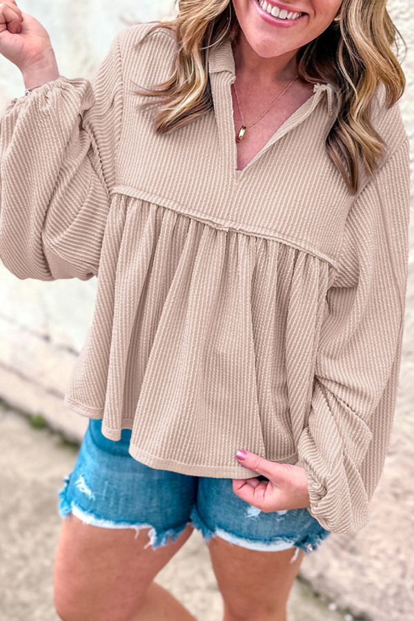 Parchment Corded Turn-down V Neck Bubble Sleeve Babydoll Blouse