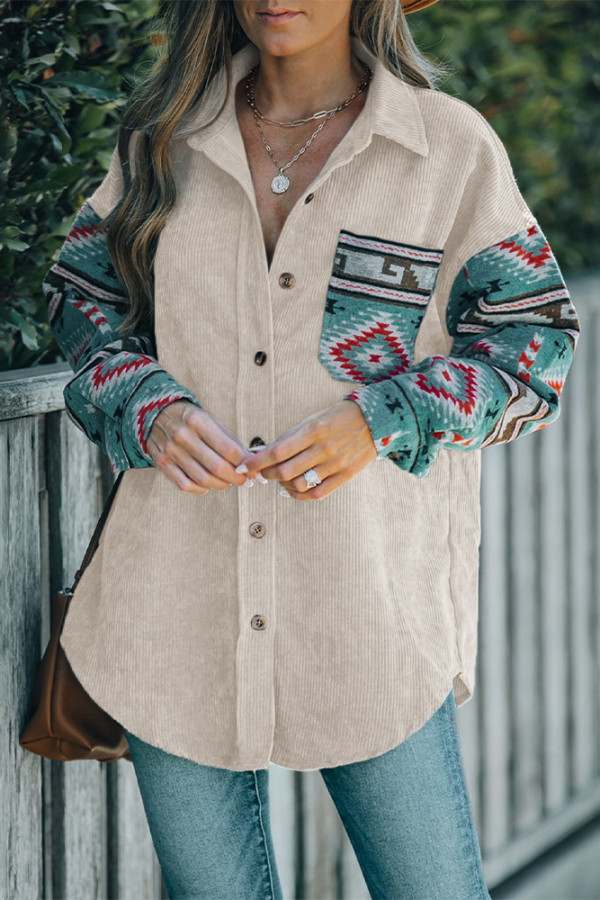 Aztec Print Sleeves Corduroy Shirt 