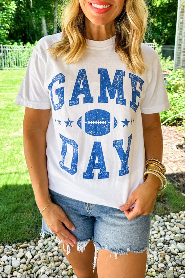 White GAME DAY Rugby Football Graphic Crewneck T Shirt