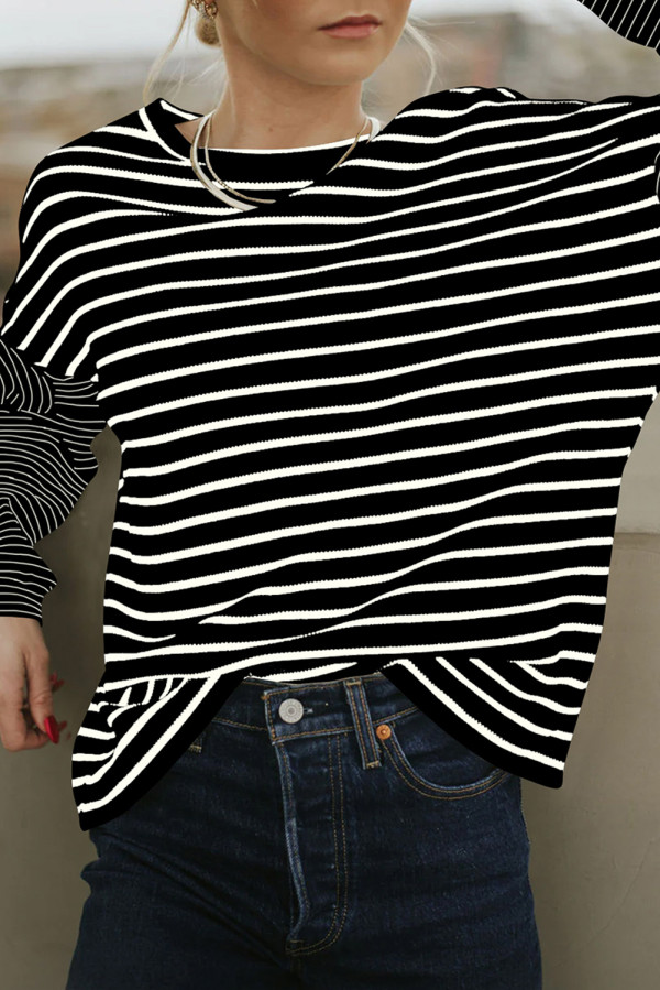 Black Stripe Patchwork Loose Long Sleeve Tee