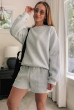 Light Grey Solid Pullover Sweatshirt and Shorts 2 Piece Set