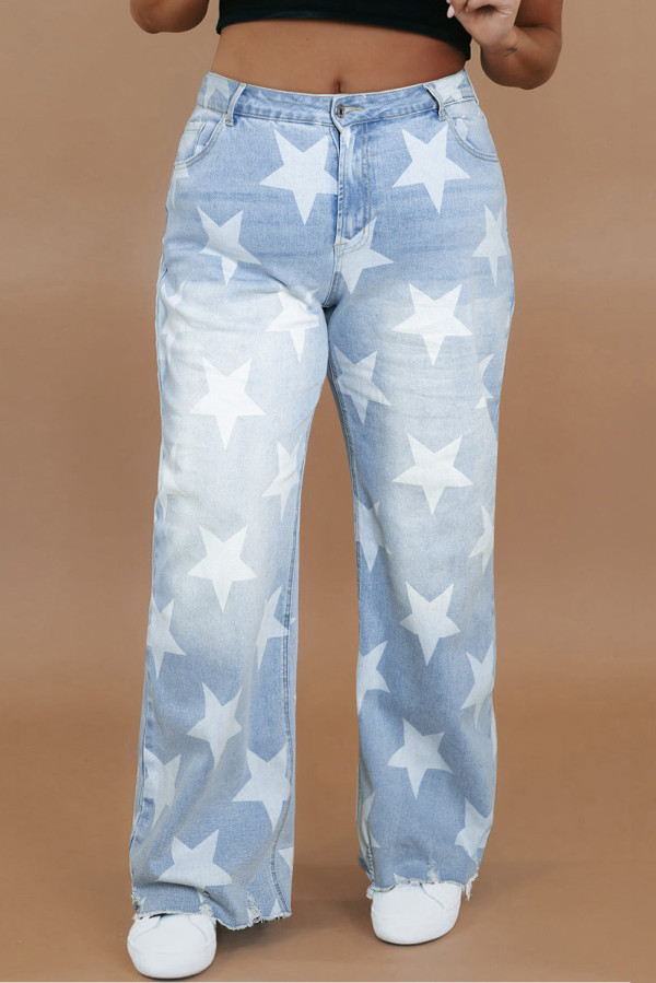 Beau Blue High Waist Star Pattern Plus Size Jeans