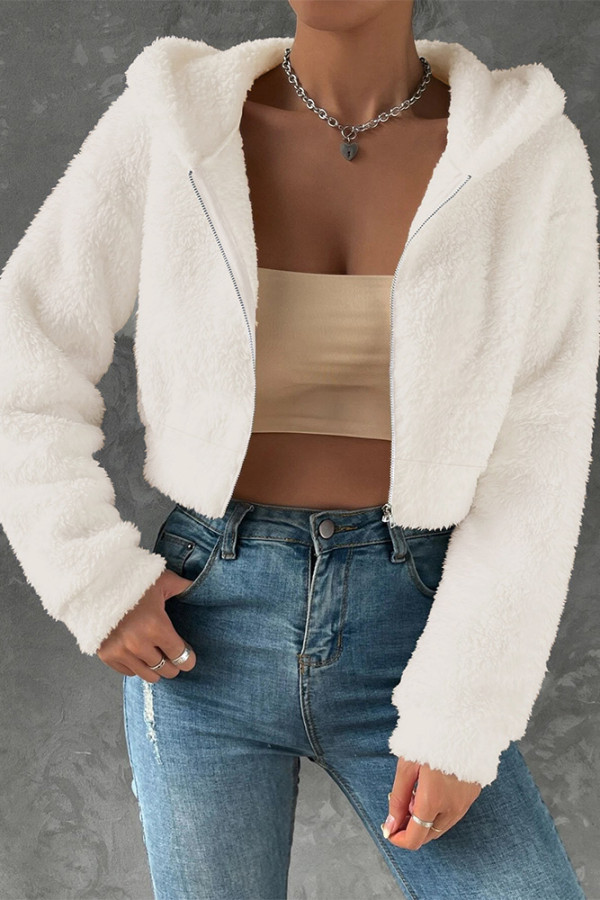 White Fleece Short Jacket Hooded Coat 