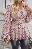 Square Neck Floral Puff Sleeves Ruffle Top 