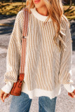 Chestnut Striped Textured Knit Contrast Edge Loose Sweater