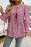 Stripes Lace Up Puff Sleeves Shirt 