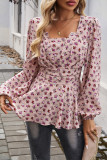 Square Neck Floral Puff Sleeves Ruffle Top 