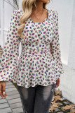 Square Neck Floral Puff Sleeves Ruffle Top 