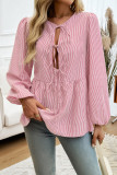 Stripes Lace Up Puff Sleeves Shirt 
