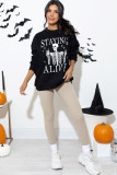 Black STAYING ALIVE Skull Graphic Crewneck Halloween Sweatshirt