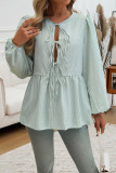 Stripes Lace Up Puff Sleeves Shirt 