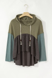 Laurel Green Mixed Textured Colorblock Patchwork Wide Sleeve Frayed High Low Hooded Top