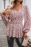 Square Neck Floral Puff Sleeves Ruffle Top 