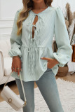 Stripes Lace Up Puff Sleeves Shirt 