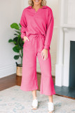 Bonbon Solid Textured Collared V Neck Top and Wide Leg Pants Set