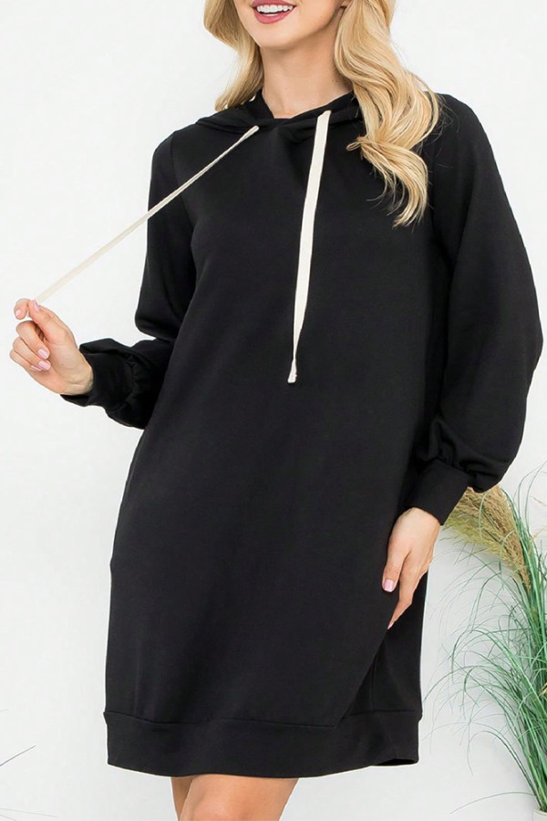 Black Drawstring Hooded Sweatshirt Dress 