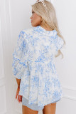 Sky Blue Floral 3/4 Sleeve Tied Collar Blouse