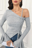 Grey Drop Shoulder Ruffle Sleeves Knitting Top 