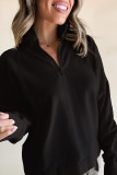 Black Zipped Neck Pullover Drop Shoulder Sweatshirt