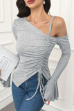 Grey Drop Shoulder Ruffle Sleeves Knitting Top 