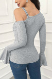 Grey Drop Shoulder Ruffle Sleeves Knitting Top 