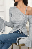 Grey Drop Shoulder Ruffle Sleeves Knitting Top 