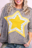 Medium Grey Floral Star Patched Pattern 3/4 Sleeve Plus Size Top