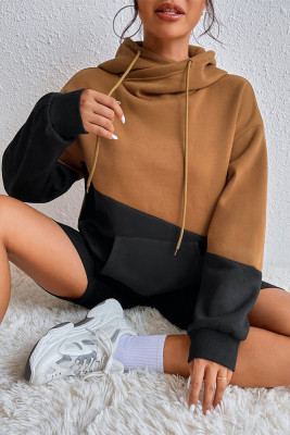 Brown Color Block Hooded Sweatshirt 