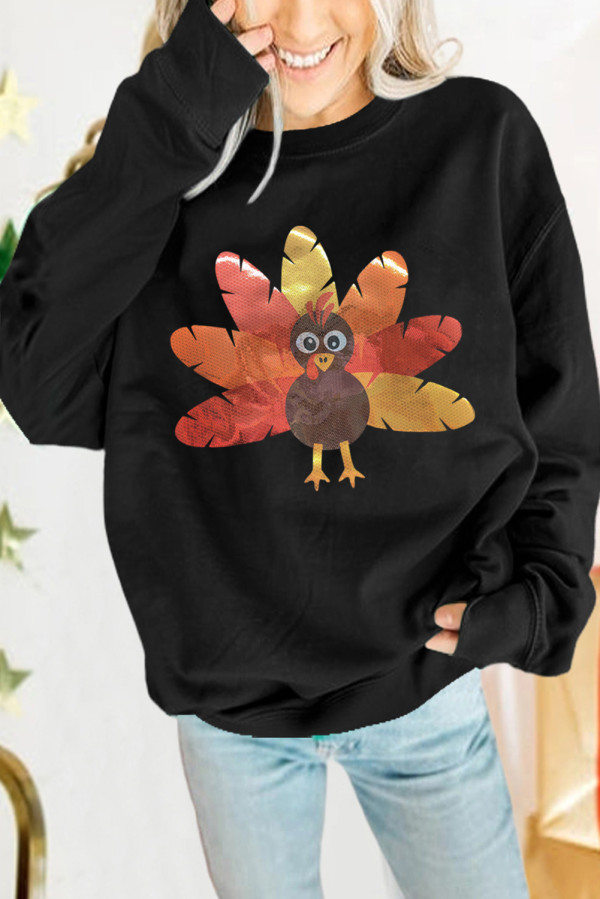 Black Leafy Turkey Graphic Crewneck Thanksgiving Sweatshirt