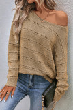 Pale Khaki Boat Neck Drop Shoulder Pointelle Knit Sweater