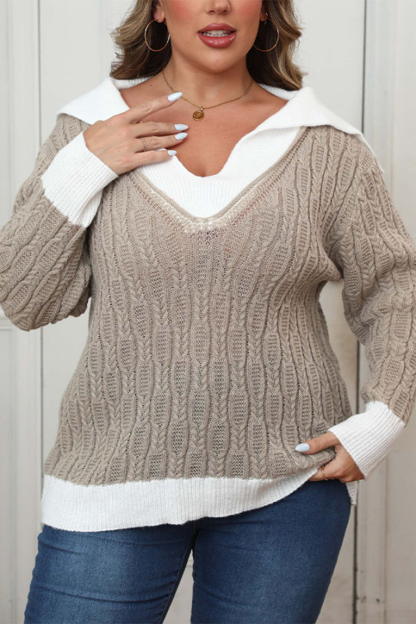 Plus Size Khaki Cable Knitting Sweater 