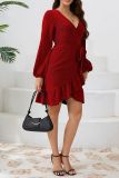 V Neck Wrapped Ruffle Dress 