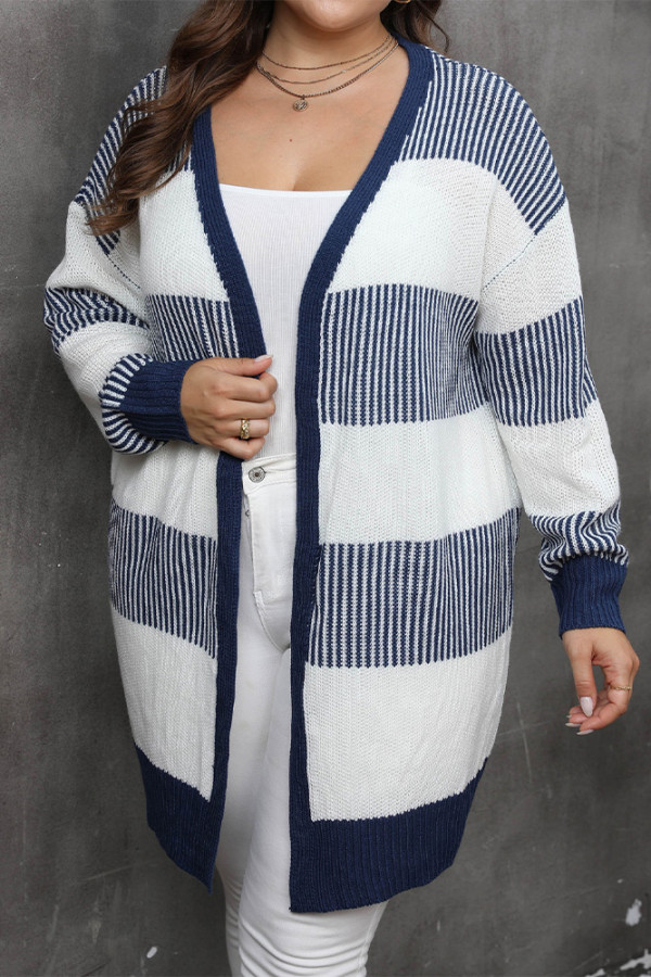 Blue Stripes Plus Size Knitting Cardigan