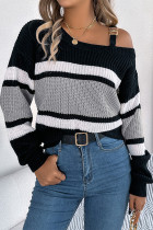 Metal Buckle Color Block Knitting Sweater 