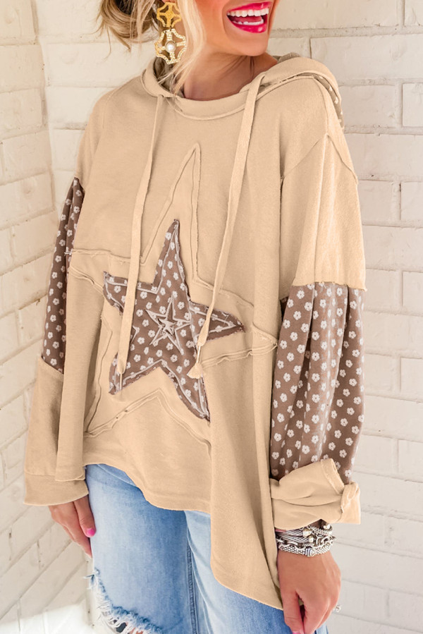 Apricot Floral Patchwork Star Pattern Drawstring Hoodie