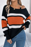 Metal Buckle Color Block Knitting Sweater 