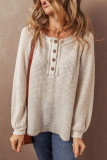 Oatmeal Waffle Knit Buttoned Front Raglan Sleeve Loose Blouse