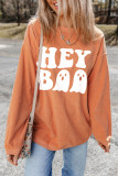 Orange Halloween Hey Boo Ghost Print Ribbed Loose Sweatshirt