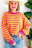 Orange Stripe Trimmed Round Neck Drop Shoulder Loose Sweater