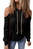 Black Exposed Seam Cold Shoulder Drawstring Hoodie