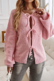 Solid Color Lace Up Front Open Cardigan 