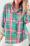 Green Checkered 3/4 Sleeve Collared Loose Fit Shirt