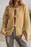 Solid Color Lace Up Front Open Cardigan 