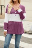 Colorblock V Neck Ribbed Knitting Top 