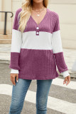 Colorblock V Neck Ribbed Knitting Top 