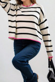 White Stripe Color Contrast Drop Shoulder Crew Neck Sweater