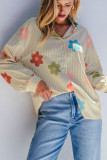 Apricot Stripe Flower Print Collared Button-up Loose Fit Shirt