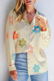 Apricot Stripe Flower Print Collared Button-up Loose Fit Shirt